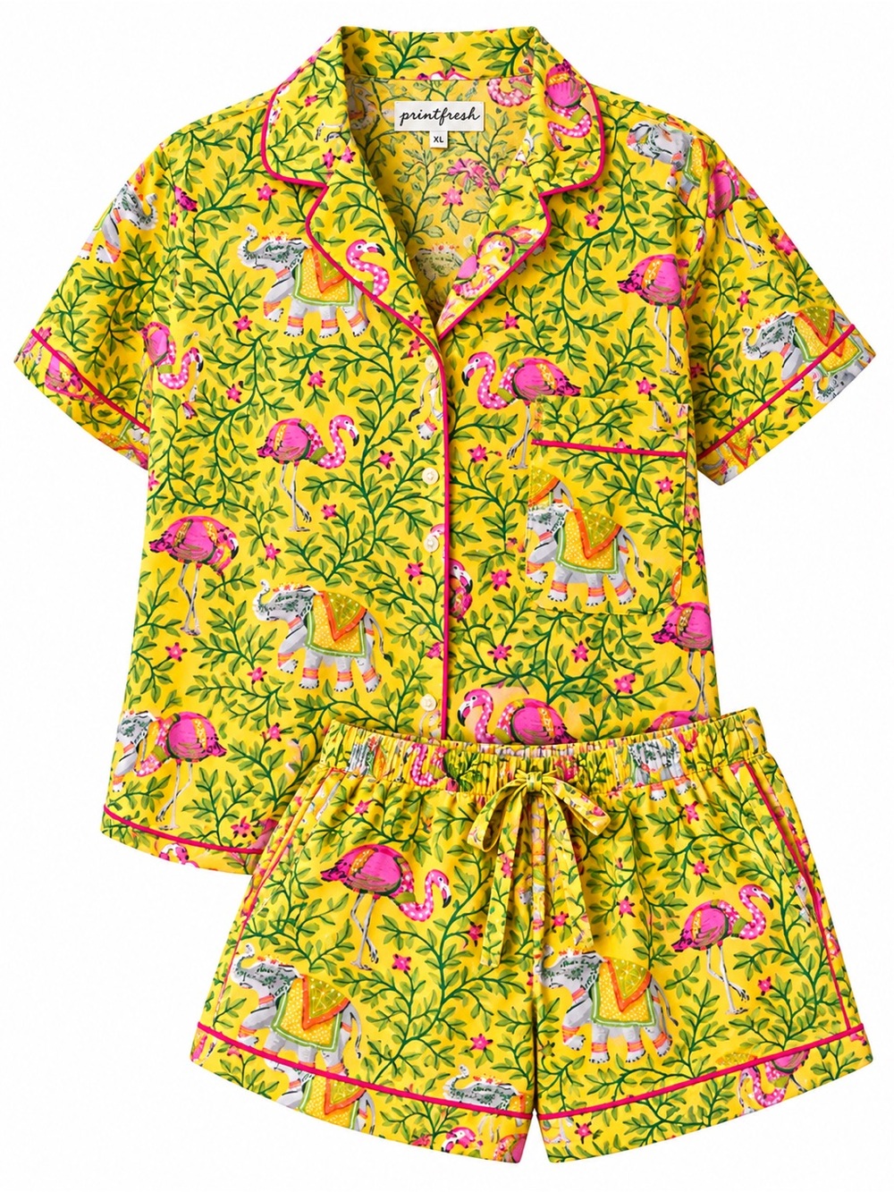 Printfresh Flamenco Pajama Set XL Yellow Elephant Flamingo Organic Cotton Boho